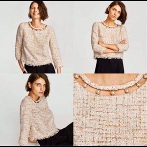 Zara Tweed Cropped Blouse With Faux Pearl Details